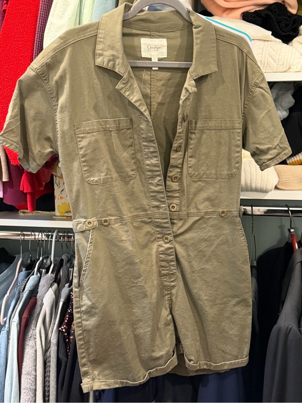 Jessica Simpson Small Women’s Short-Sleeve Utility Romper Dress in Olive